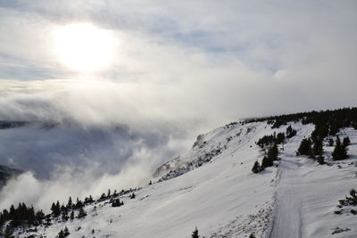 Scenic view of snow covered mountains against sky