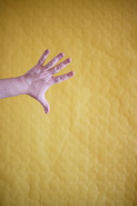 Close-up of hand on yellow wall