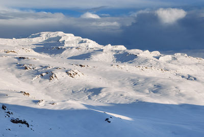 Aerial view of snowcapped mountains against sky