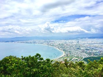 High angle view of bay against sky