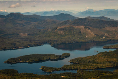 Scenic view of lake and mountains against sky