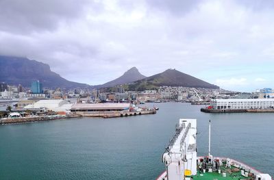 Table mountain, lions head and signal hill viewed from a ship approaching cape town harbour.