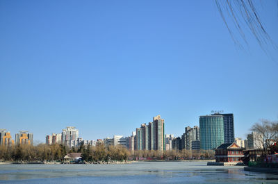 River by city against clear blue sky