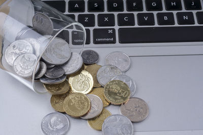 High angle view of coin in container