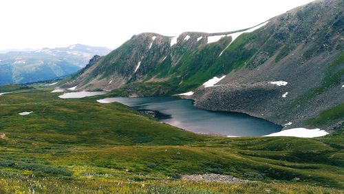 Scenic view of mountains and lake against sky