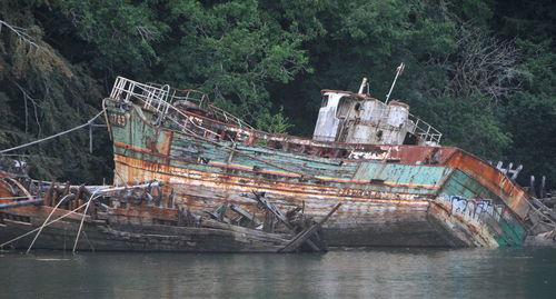 Abandoned boat on sea against trees