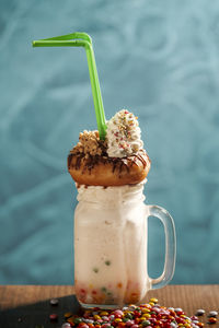 Close-up of drink served on table