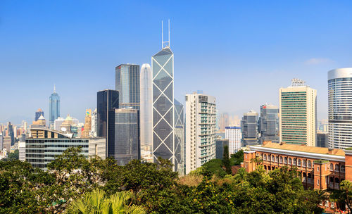 Buildings in city against clear sky