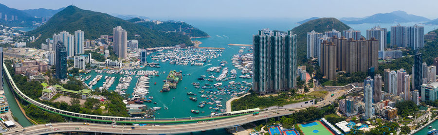 High angle view of city buildings