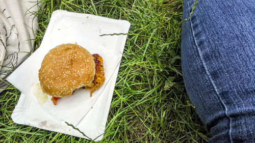 Midsection of person relaxing by hamburger on grassy field