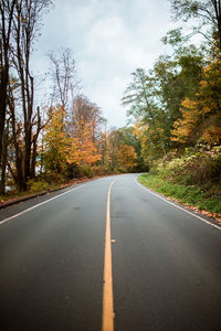 Road amidst trees against sky during autumn