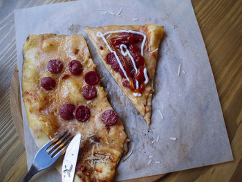 High angle view of pizza on table