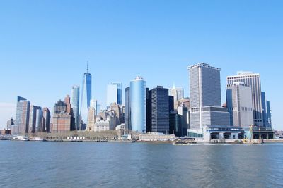 Sea by buildings against clear sky