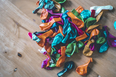 High angle view of multi colored toys on table