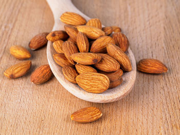 High angle view of almonds on table