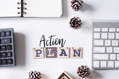 High angle view of text with technology and pine cones over white background