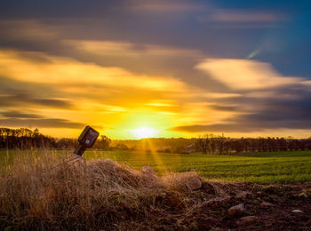 Agricultural field against sky during sunset