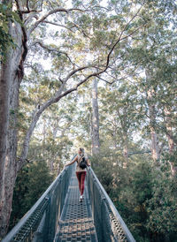 Rear view of woman on footbridge amidst trees