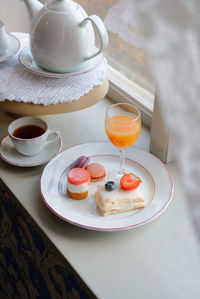 High angle view of breakfast served on table