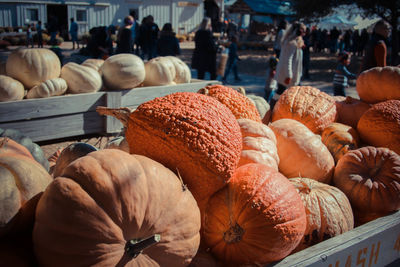 Close-up of pumpkins for sale at market stall