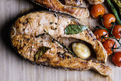 High angle view of meat in plate on table