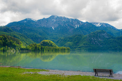 Scenic view of lake by mountains against sky