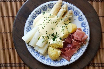 High angle view of breakfast served in plate