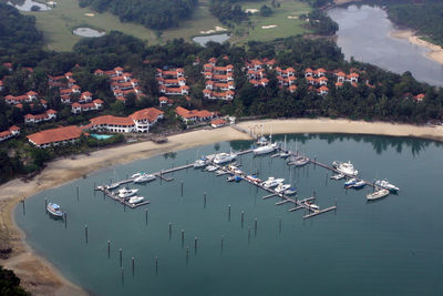 Aerial view of harbor on lake by buildings