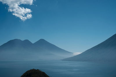 Scenic view of sea and mountains against blue sky