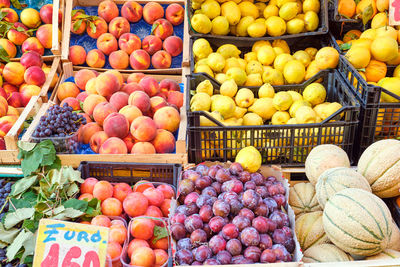 Peaches, plums and melons for sale at a market