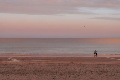 People walking on shore at beach against sky