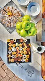 High angle view of fruits in plate on table