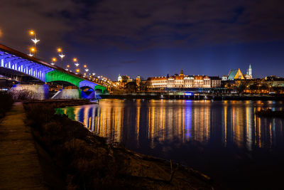 Illuminated bridge over river at night