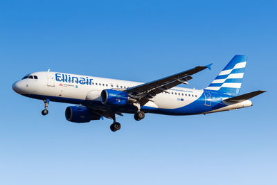 View of airplane against clear blue sky