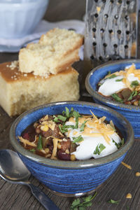 Close-up of home made chili served on table