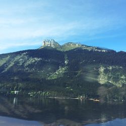 Scenic view of lake by mountains against sky