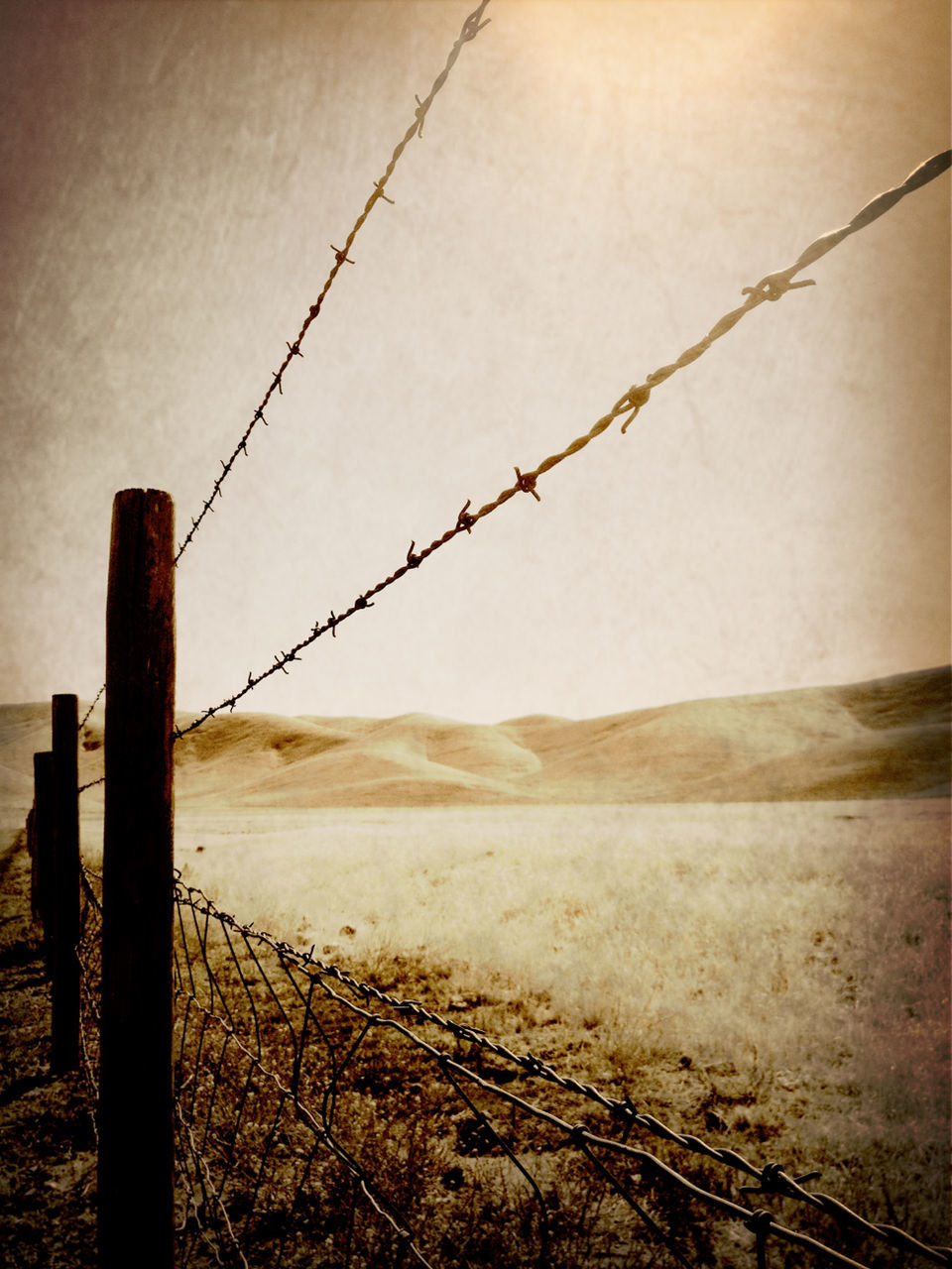 fence, safety, barbed wire, protection, security, sky, tranquility, field, landscape, tranquil scene, nature, sand, outdoors, no people, metal, day, rural scene, beach, wood - material, chainlink fence