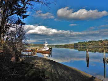 Scenic view of lake against cloudy sky