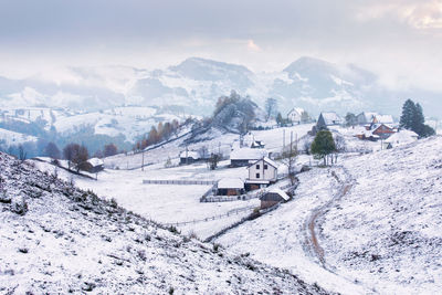 Snow covered landscape against sky