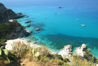 High angle view of sea and rocks