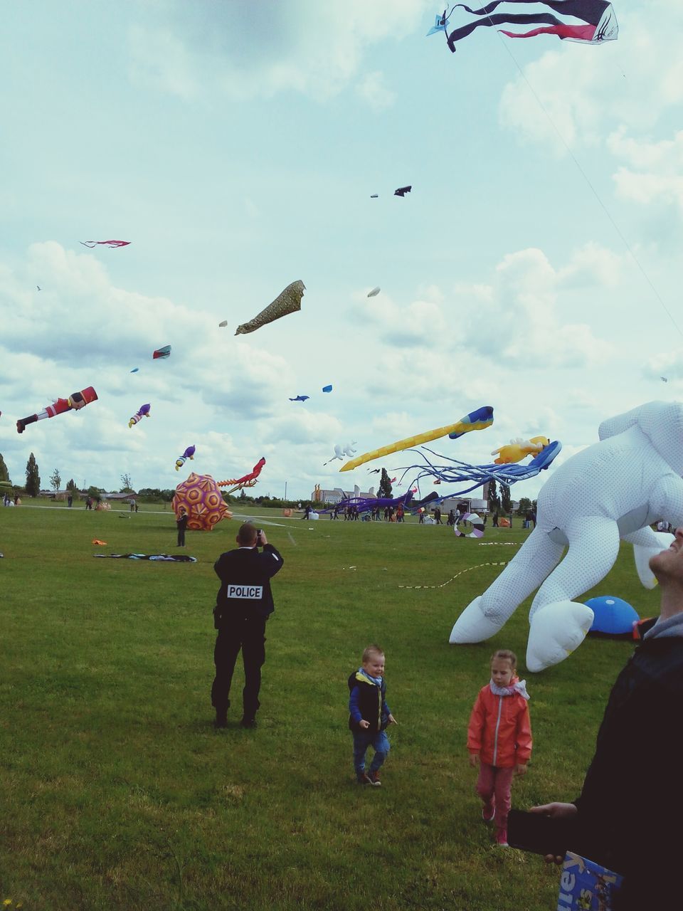 grass, sky, leisure activity, lifestyles, men, field, cloud - sky, large group of people, flying, person, sport, grassy, park - man made space, mid-air, cloud, outdoors, playing, childhood, green color