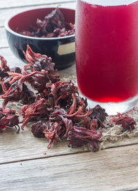 Close-up of red chili peppers in bowl on table