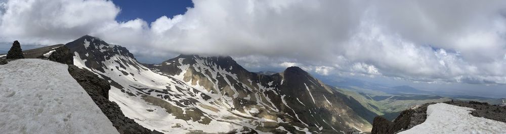 Panoramic view of snowcapped mountains against sky