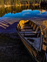 Wooden boat moored at lakeshore