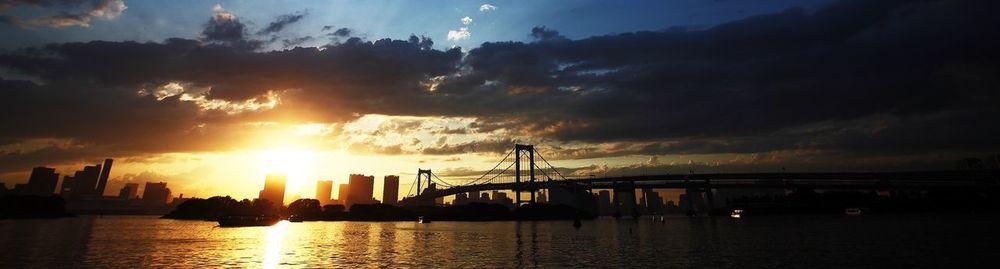 River against cloudy sky at sunset