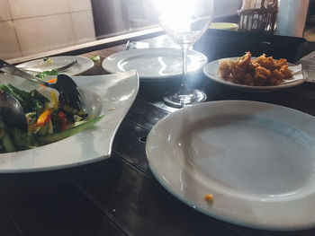 Close-up of food served on table