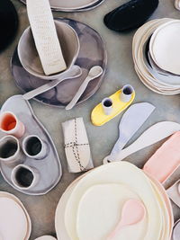 High angle view of coffee cup on table