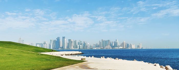 Scenic view of sea and buildings against sky