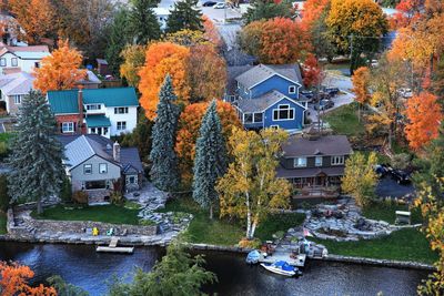 Trees and houses by river during autumn