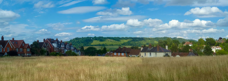 Houses on field against sky